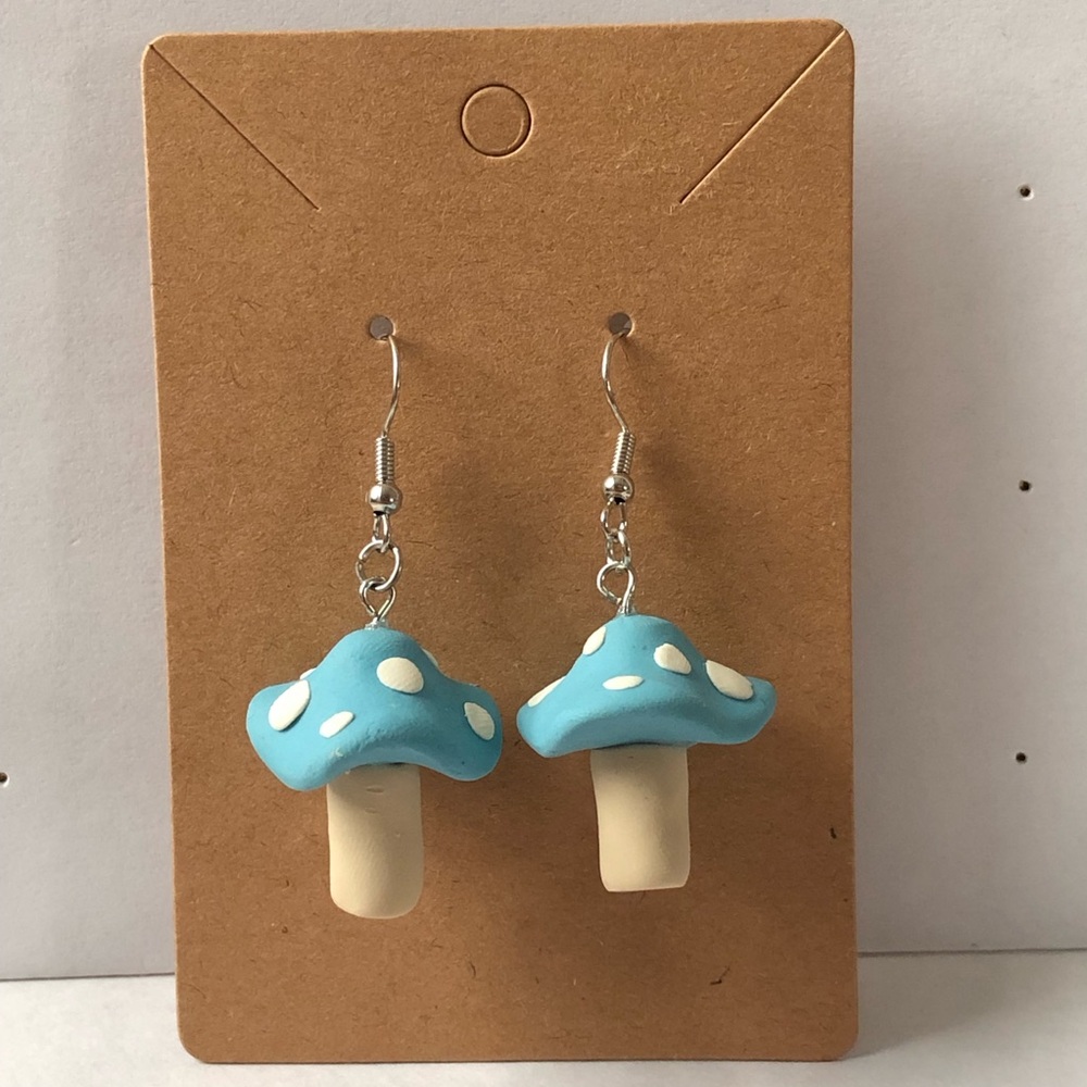 Handmade Mushroom Polymer Clay Dangle earrings Matte in Blue and White Color